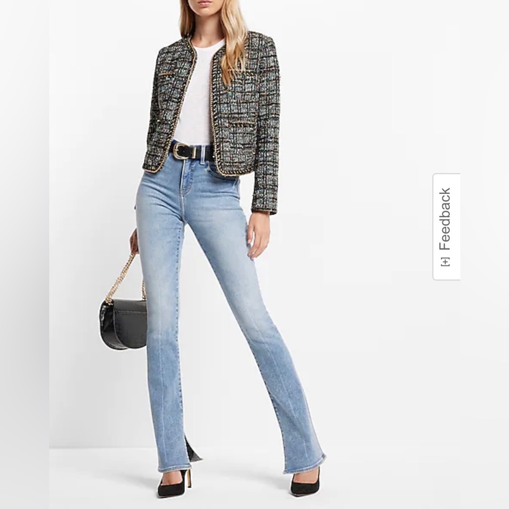 EXPRESS METALLIC PLAID GOLD CHAIN TWEED JACKET